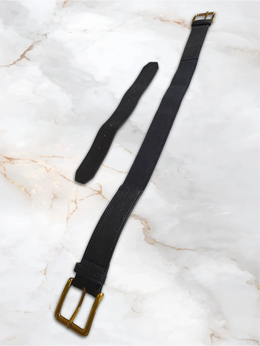 Black Waist Belt for Dressed with Gold Double Buckles in Faux Leather & Elastic